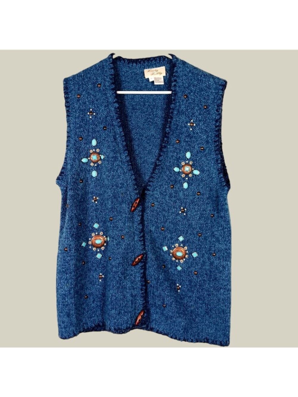 Turquoise Bejeweled Blue Marled Knit Toggle Vest Womens 2X Butter Mom Eclectic - Picture 2 of 10